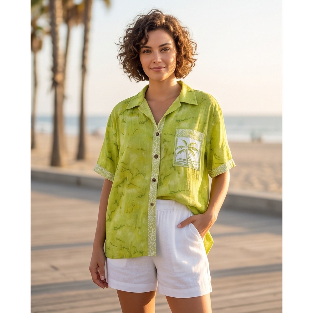 Mirror Image‎ Womens 3X Lime Green Tie Dye Palm Tree Button Up Rayon Shirt NWT